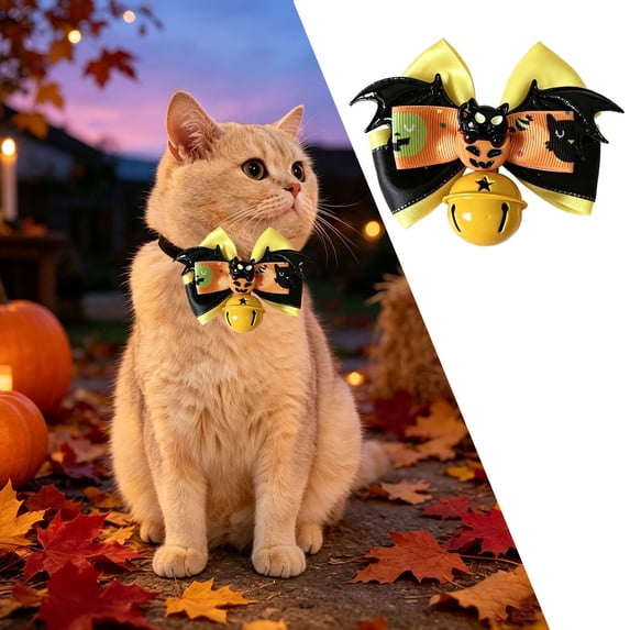 Detachable Halloween Pet Bow With Jingle Bell, Purple Black Witch Pumpkin Bat Ribbon Bow Collar Decor For Cats & Small Dogs