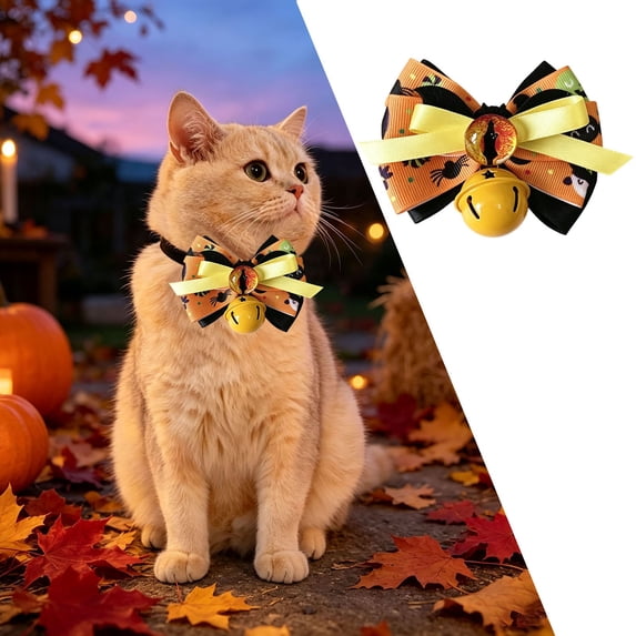 Detachable Halloween Pet Bow With Jingle Bell, Purple Black Witch Pumpkin Bat Ribbon Bow Collar Decor For Cats & Small Dogs