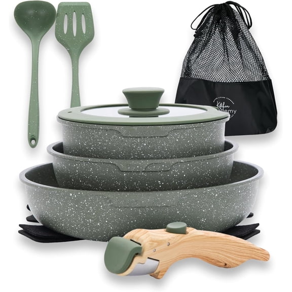 Detachable Handle 10 Piece Nonstick Camping Pots and Pans Set Green Granite
