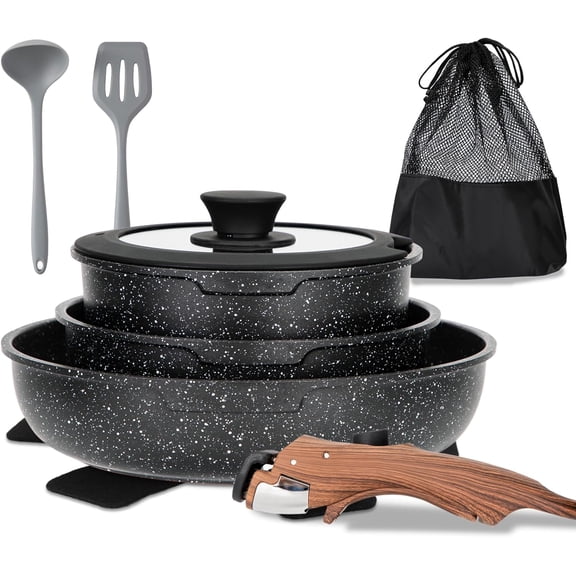Detachable Handle Induction Pots and Pans Set, 10 Piece Non Stick Kitchen Cookware Sets, Stackable Black Granite RV Cooking Set for Camper