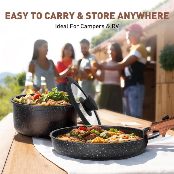 Detachable Handle Induction Pots and Pans Set, 10 Piece Non Stick Kitchen Cookware Sets, Stackable Black Granite RV Cooking Set for