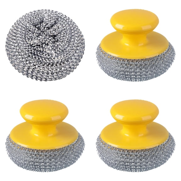 Detachable Handle Pot Scourer, Steel Wool Scrubber, Hand Grip Metal Wire Scrubber Brush, Mini Handheld Kitchen Steel Cleaning Brush, 1 Cleaning Ball+3 Cleaning Ball Brushes with Handles