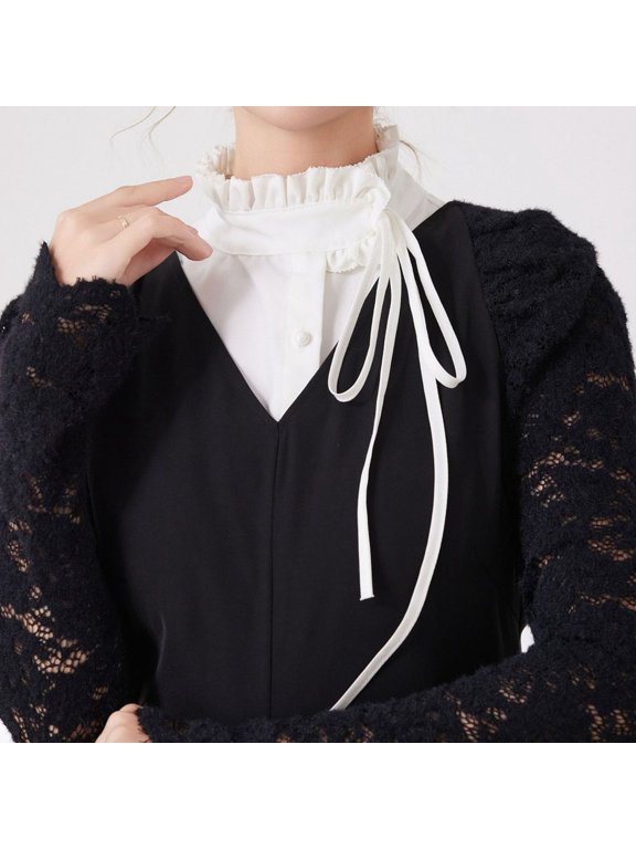 Detachable High Neck Blouse Collar with Ruffle Lace Bow Tie Layering Style for Half Shirts Shirt Girl Turtleneck Dickey Button up Undershirt Women Button up Back Shirt for Women Rhinestone