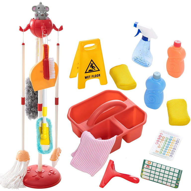 Detachable Housekeeping Cleaning Pretend Play Toy Set for kids, 18 Pieces  Household cleaning tools Hanging stand, Wet Floor Sign and multiple  cleaning
