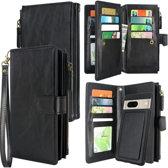 Detachable Magnetic Case Wallet with Cash Coin Zipper Pocket 12 Card Slots Holder Wrist Strap Lanyard Compatible with Google Pixel 7 5G (2022) (Black)