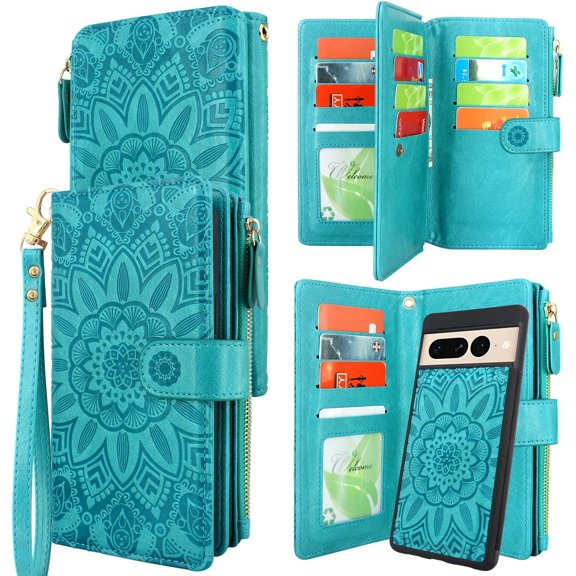 Detachable Magnetic Case Wallet with Cash Coin Zipper Pocket 12 Card Slots Holder Wrist Strap Lanyard Compatible with Google Pixel 7 Pro 5G (2022) (Flower Blue Green)