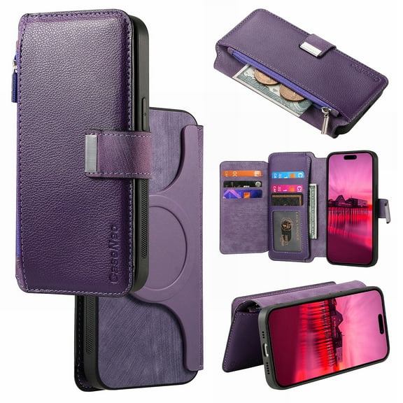Detachable Magnetic Case Wallet For Samsung A54 5G Compatible with MagSafe Wireless Charging Phone Cover Multi Card Slots Cash Coin Zipper Pocket RFID Blocking For Samsung Galaxy A54 5G, Purple
