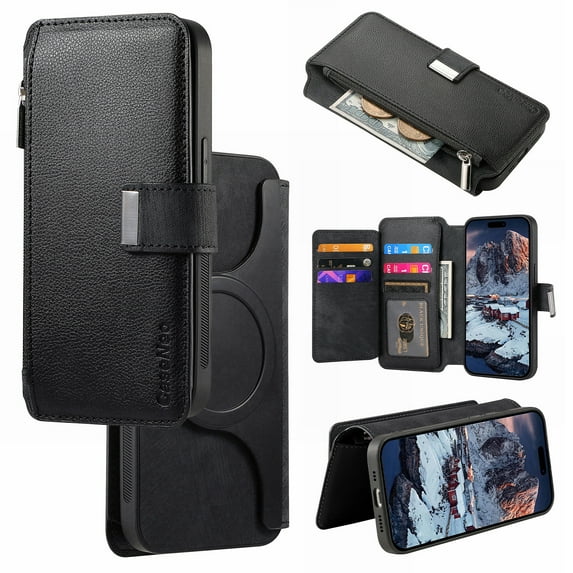 Detachable Magnetic Case Wallet For Samsung S21 Compatible with MagSafe Wireless Charging Phone Cover Multi Card Slots Cash Coin Zipper Pocket RFID Blocking For Samsung Galaxy S21, Black