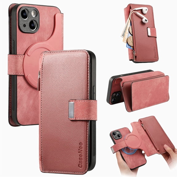 Detachable Magnetic Case Wallet For iPhone 11 Compatible with MagSafe Wireless Charging Phone Cover Multi Card Slots Cash Coin Zipper Pocket RFID Blocking For iPhone 11, Pink