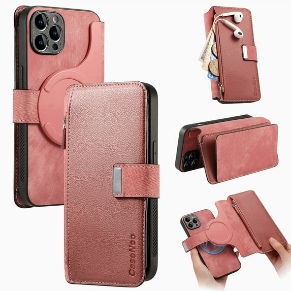 Detachable Magnetic Case Wallet For iPhone 13 Pro Compatible with MagSafe Wireless Charging Phone Cover Multi Card Slots Cash Coin Zipper Pocket RFID Blocking For iPhone 13 Pro, Pink