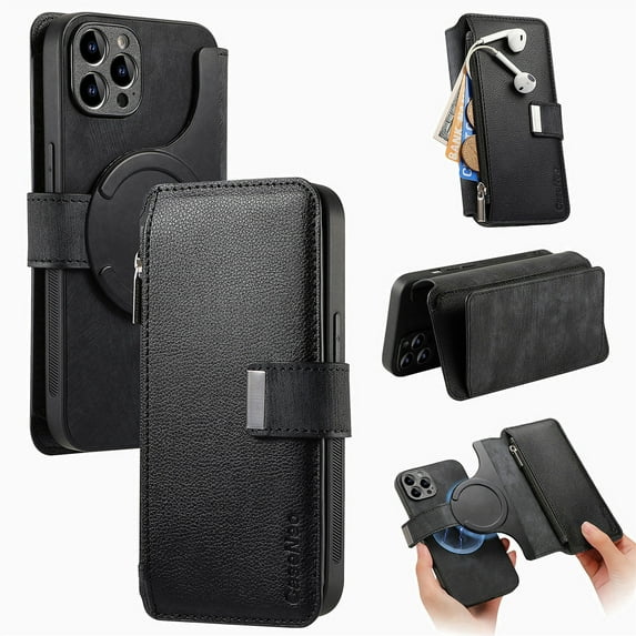 Detachable Magnetic Case Wallet For iPhone 15 Pro Max Compatible with MagSafe Wireless Charging Phone Cover Multi Card Slots Cash Coin Zipper Pocket RFID Blocking For iPhone 15 Pro Max, Black