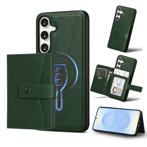 Detachable Magnetic Phone Cases Compatible with Samsung Galaxy S25, Case with Card Holder, Support Magnetic Wireless Charger, Classic PU Leather Kickstand Wallet Phone Cover, Green