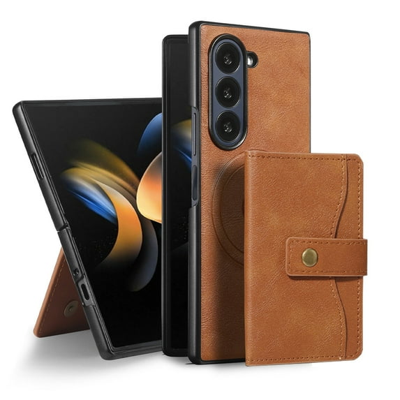 Detachable Magnetic Phone Cases Compatible with Samsung Galaxy Z Fold 5, Case with Card Holder, Support Magnetic Wireless Charger, Classic PU Leather Kickstand Wallet Phone Cover, Brown