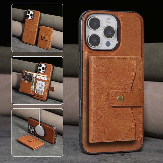 Detachable Magnetic Phone Cases Compatible with iPhone 15, Case with Card Holder, Compatible with Magsafe, Classic PU Leather Kickstand Wallet Phone Cover for iPhone 15, Brown