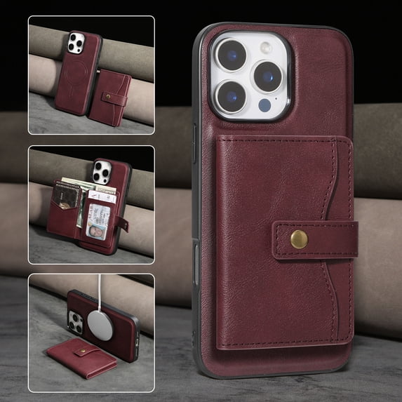 Detachable Magnetic Phone Cases Compatible with iPhone 15, Case with Card Holder, Compatible with Magsafe, Classic PU Leather Kickstand Wallet Phone Cover for iPhone 15, Winered