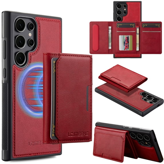 Detachable Magnetic Wallet Case for Samsung Galaxy S24 Ultra, Premium PU Leather RFID Blocking Card Holder with Kickstand, TPU Shockproof Protective Slim Cover, Wireless Charging Compatible, Red