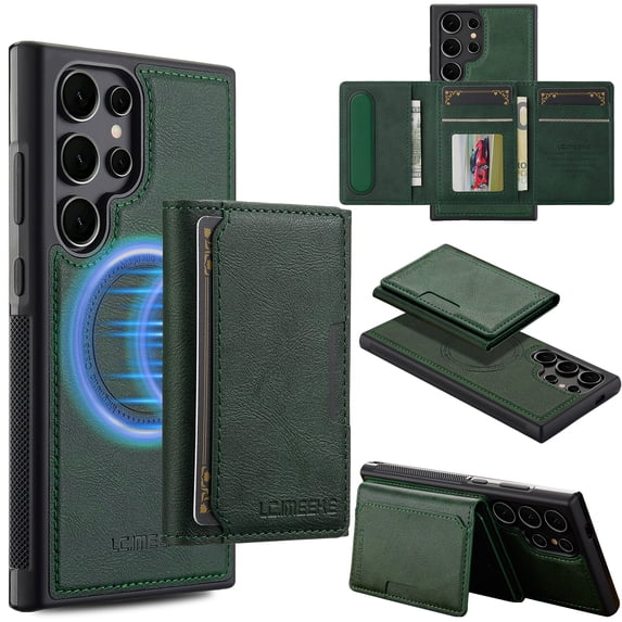 Detachable Magnetic Wallet Case for Samsung Galaxy S25 Ultra, Premium PU Leather RFID Blocking Card Holder with Kickstand, TPU Shockproof Protective Slim Cover, Wireless Charging Compatible, Green