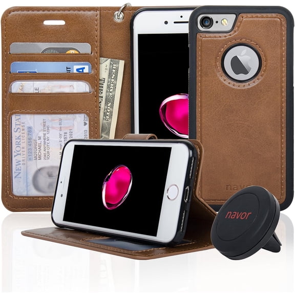 Detachable Magnetic Wallet Case & Universal Car Mount Compatible for iPhone 7 & 8 [RFID Theft Protection]- Brown
