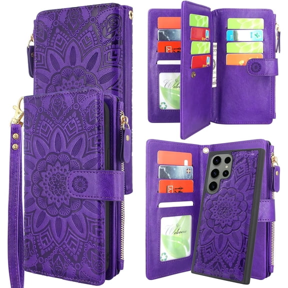 Detachable Magnetic Zipper Wallet Leather Case with Cash Coin Pocket 12 Card Slots Holder Wrist Strap Lanyard for Samsung Galaxy S23 Ultra 5G (2023) (Flower Purple)
