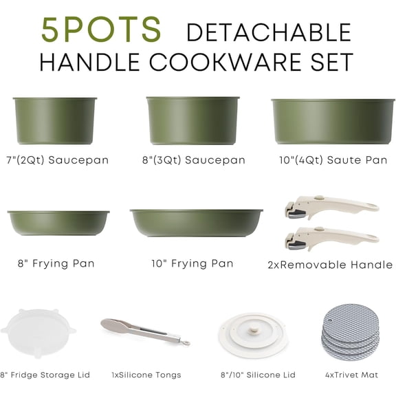 Detachable Nonstick Cookware Set - Stackable Induction Pots and Pans With Removable Handles, Dishwasher Safe - For RV Camping, Oven and Stovetop Use, 5 Pieces (Green)