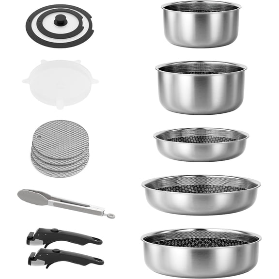 Detachable Nonstick Cookware Set - Stackable Induction Pots and Pans With Removable Handles, Dishwasher Safe - For RV Camping, Oven and Stovetop Use, 5 count (Stainless )