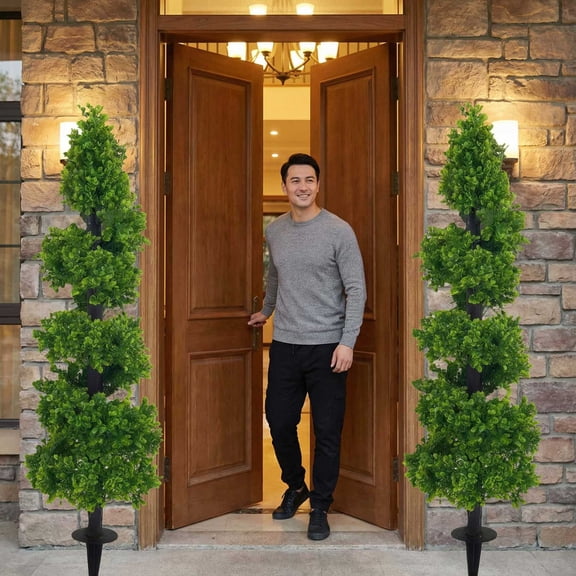 Detachable Outdoor Artificial Topiary Trees (Set of 2) - Faux Greenery Spring Summer Decor for Home Garden Landscape & Porch