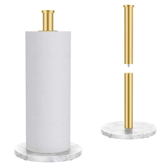 Detachable Paper Towel Holder Countertop, Standing Paper Roll Holder with 6" Weighted Marble Base, Stone Paper Towel Holder with Gold Stainless Steel Rod for Kitchen Bathroom (Gold)