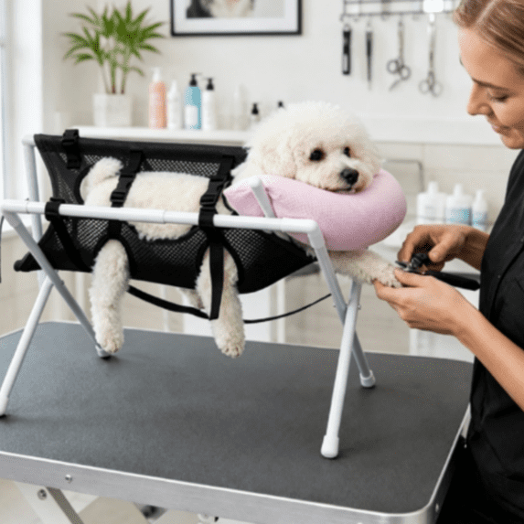 Detachable Pet Grooming Hammock with Support Frame and Pillow for Bathing Nail Trimming Drying and Routine Care Use (Black)