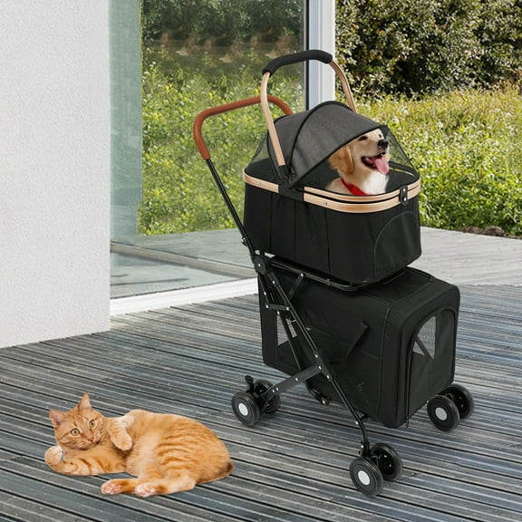 Detachable Pet Stroller, Double Layer Dog Cat Stroller with Removable Carrier, Heavy Duty All Terrain Folding Stroller, 360 Wheels, Breathable Mesh, 77lbs Weight Limit