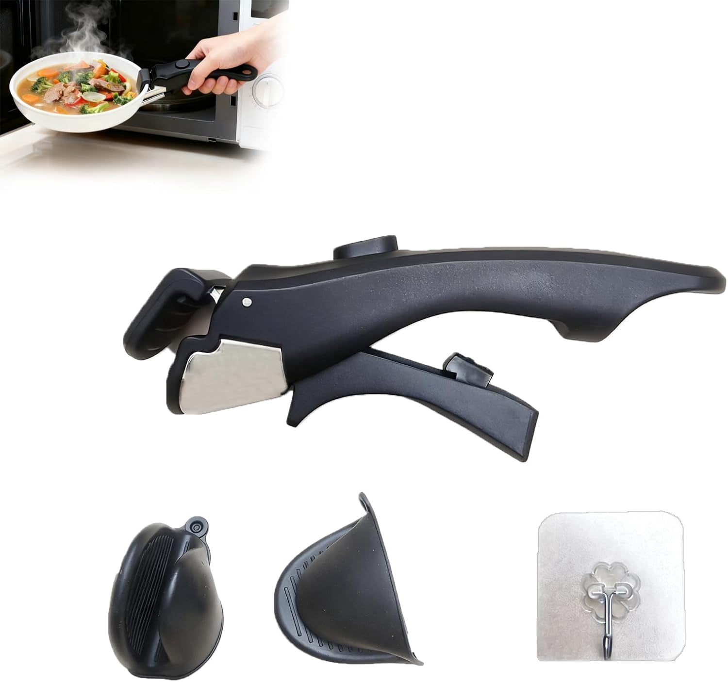 Detachable Pot Handle Set with Silicone Oven Mitts, Universal Removable Pan Handle Heat-Resistant Replacement for All Pots and Pans (Black)