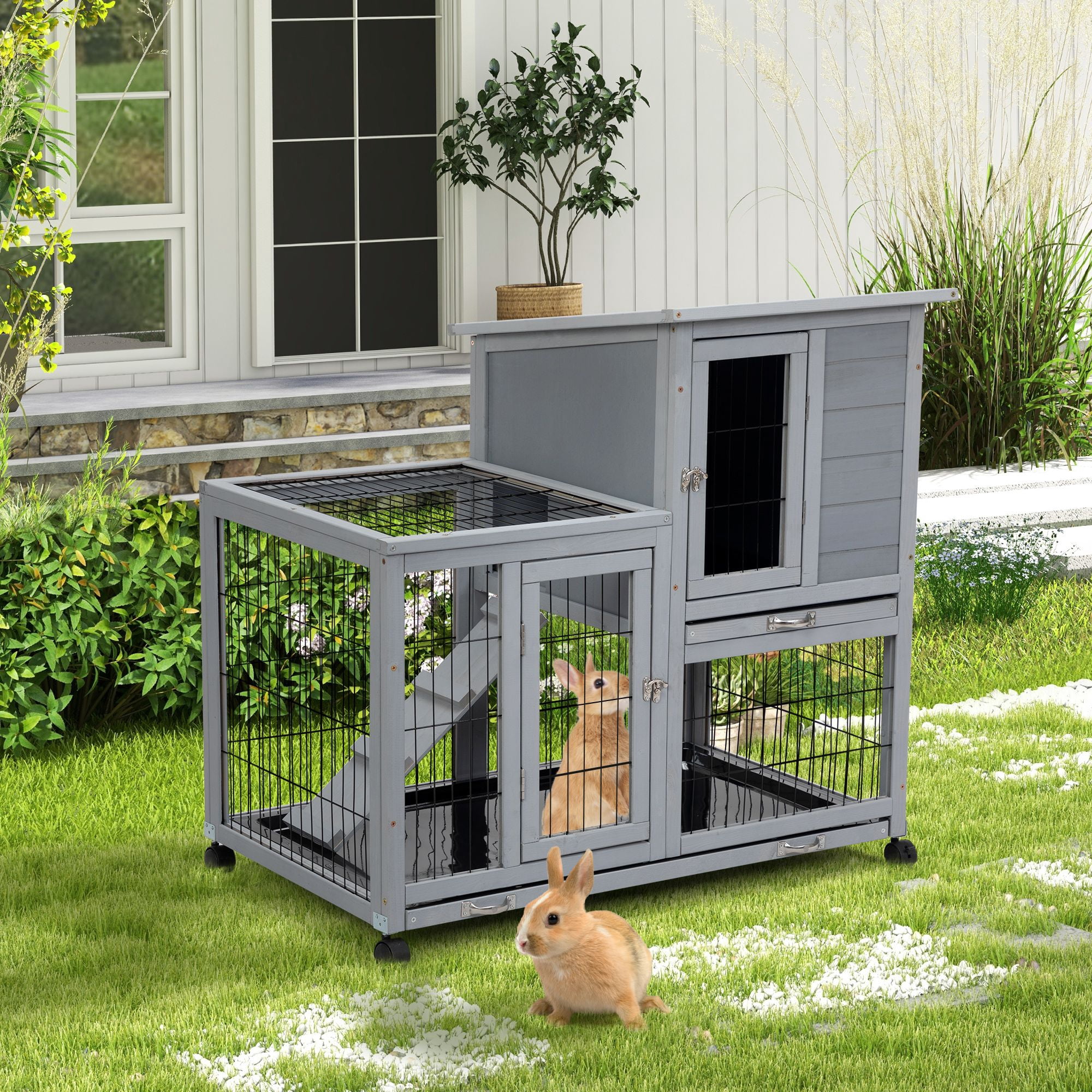 Rabbit Roling Cat Detachable Rabbit Hutch with Removable Tray and Rolling Casters, Gray ...