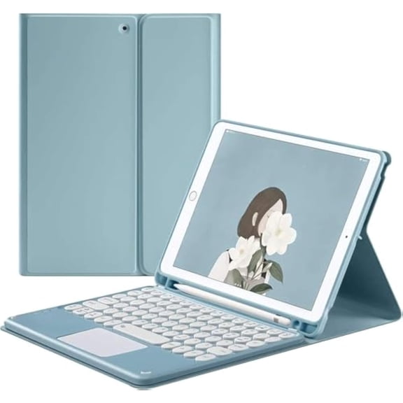 Detachable Round Keys Keyboard Case with Multi-Touch Trackpad & Pen Holder for Amazon Fire HD 10 / HD 10 Plus 10.1 Inch (11th Gen 2021 / 13th Gen 2023),Sky Blue