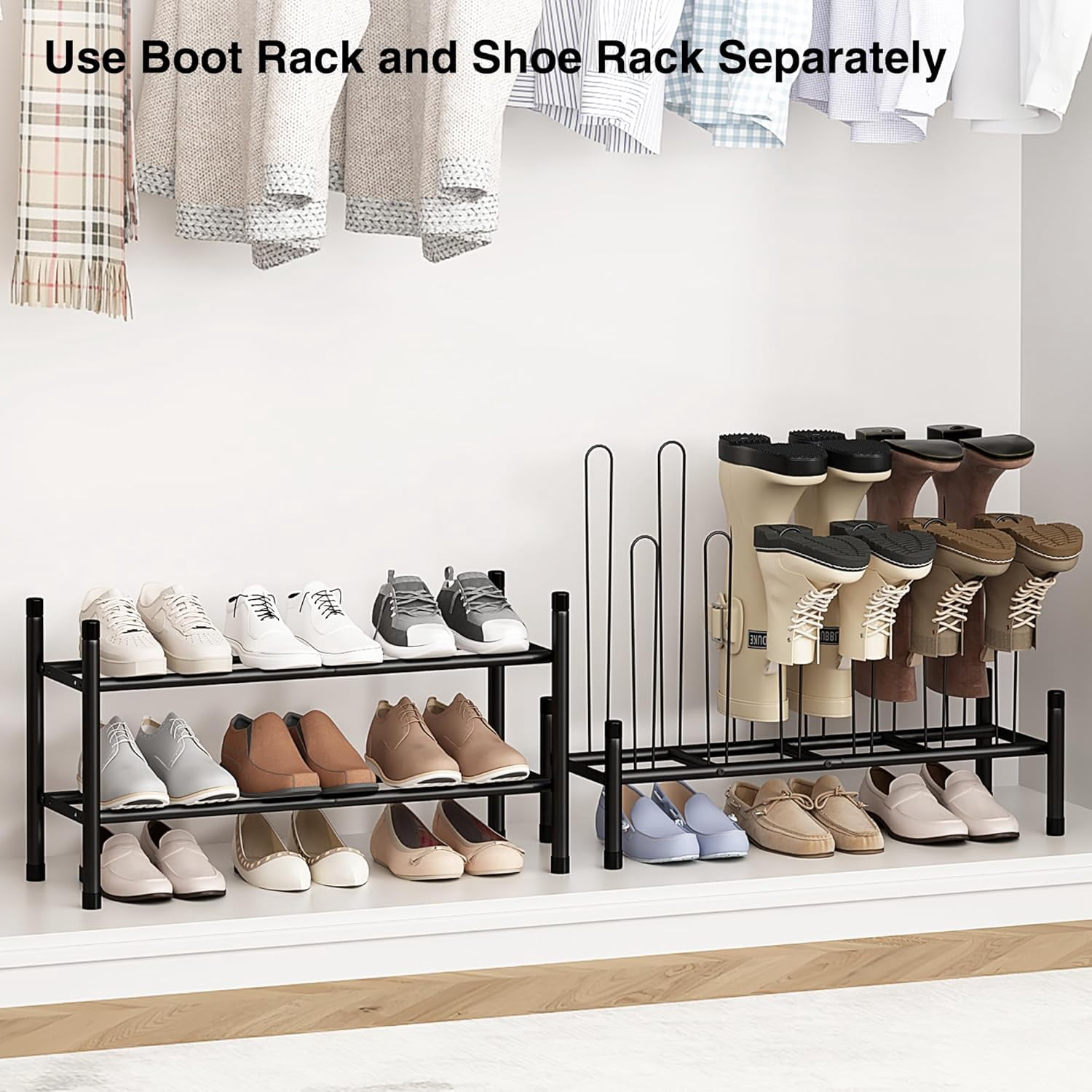 Two Shelf Boot Rack Detachable Shoe and Boot Rack Organizer, Metal Stackable Boot Rack for ...