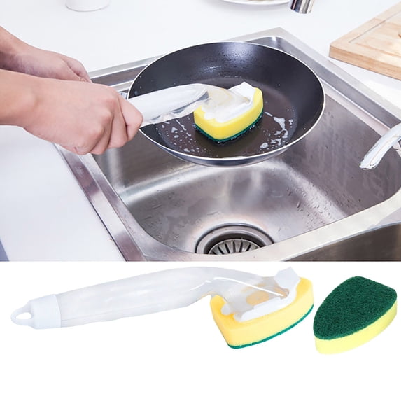 Detachable Soap Dispenser Scrub Brush with Refillable Handle, Reusable Kitchen Sponge for Pots Pans Dishes, Stainless Steel Copper Aluminum Cookware Cleaning (3 Pcs)