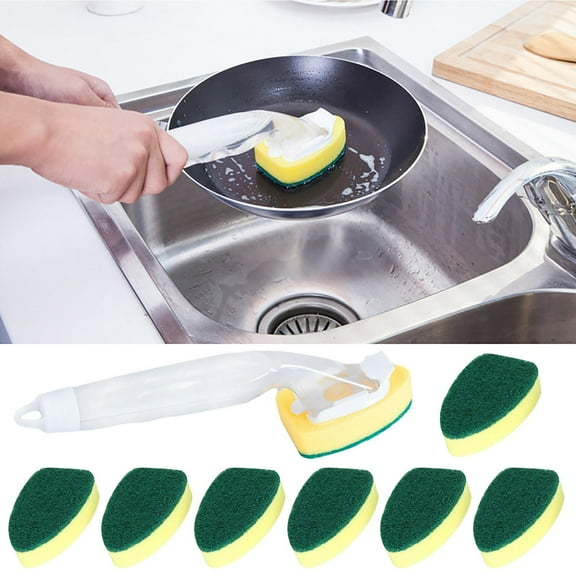 Detachable Soap Dispenser Wand Brush with Refillable Handle & Replaceable Sponge Head | Pot Scrubber for Kitchen Sink, Stainless Steel, Copper & Aluminum Cookware | 1 Handle & 1 Sponge
