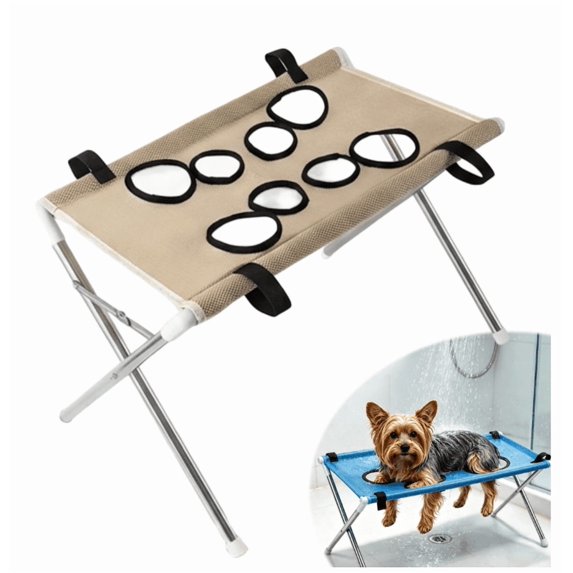 Detachable Stainless‑Frame Pet Grooming Hammock, Breathable Mesh Suspension Table for Household Dog Cat Bathing, Nail Trimming and Post‑Bath Drying (Khaki)