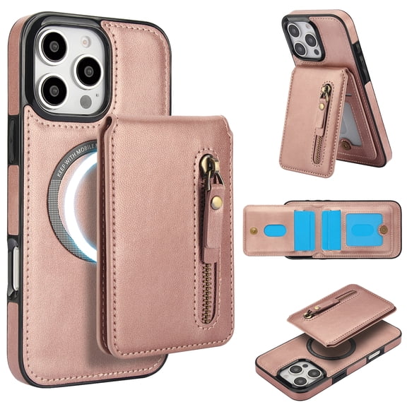 Detachable Strong Magnetic Case for iPhone 12 Pro Max, 2-in-1 Zipper Card Slots Wallet Multi-view Kickstand PU Leather Phone Cover - Compatible with MagSafe Wireless Chargers, Rosegold