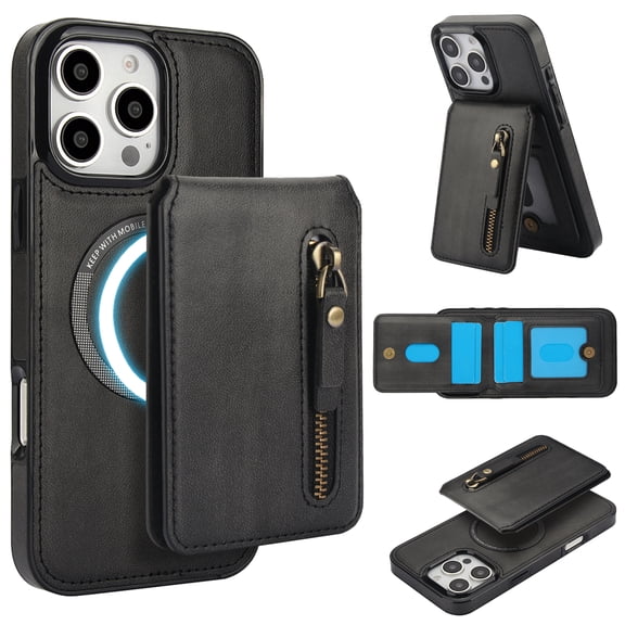 Detachable Strong Magnetic Case for iPhone 12 Pro Max, 2-in-1 Zipper Card Slots Wallet Multi-view Kickstand PU Leather Phone Cover - Compatible with MagSafe Wireless Chargers, Black