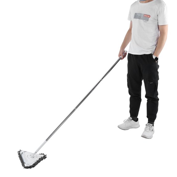 Detachable Telescopic Window Cleaning Tool with 3 Stainless Steel Rods, 2 Microfiber Heads, and Rubber Scraper for Floors, Ceilings, and Glass - Triangular Design, 360 Rotation,