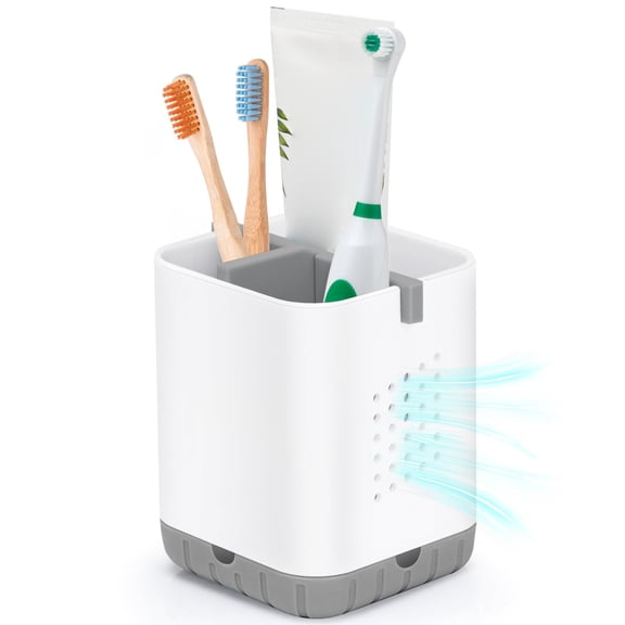 Detachable Toothbrush Holder with Drainage, 3 Slot Electric Toothbrush and Toothpaste Organizer, Removable Bamboo Divider Storage Caddy for Bathroom Vanity, Sink, White and Gray