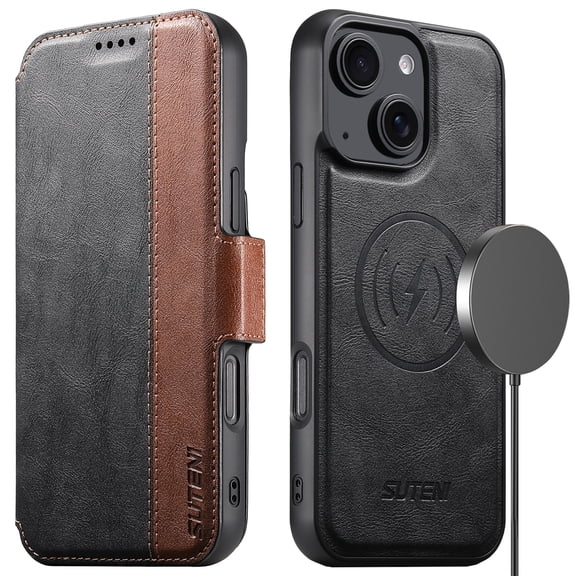 Detachable Wallet 2 in 1 Case For iPhone 15, PU Leather Flip Kickstand Cover with [Compatible with MagSafe][RFID Blocking][3 Card Holder & 1 Slide Sot][Magnetic Closure],Black
