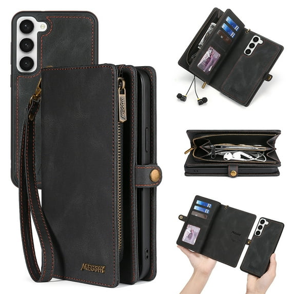 Detachable Wallet Case for Samsung Galaxy A15, 2-in-1 Zipper Wallet with Credit Card Holder, PU Leather Wrist Strap Flip Kickstand Shockproof Removable Magnetic Purse Phone Cover, Black