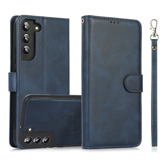 Detachable Wallet Case for Samsung Galaxy S22 Plus, Removable PU Leather Wrist Hand Strap 2 in 1 Design Flip Folio Cover with Card Slots Holder Magnetic Car Mount Kickstand Protective Case,Blue