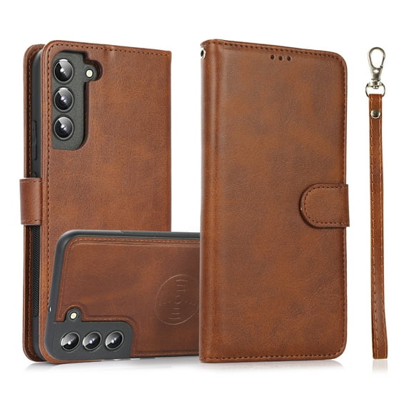 Detachable Wallet Case for Samsung Galaxy S22 Plus, Removable PU Leather Wrist Hand Strap 2 in 1 Design Flip Folio Cover with Card Slots Holder Magnetic Car Mount Kickstand Protective Case,Brown
