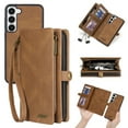 thumbnail image 1 of Detachable Wallet Case for Samsung Galaxy S24, 2-in-1 Zipper Wallet with Credit Card Holder, PU Leather Wrist Strap Flip Kickstand Shockproof Removable Magnetic Purse Phone Cover, Brown, 1 of 7