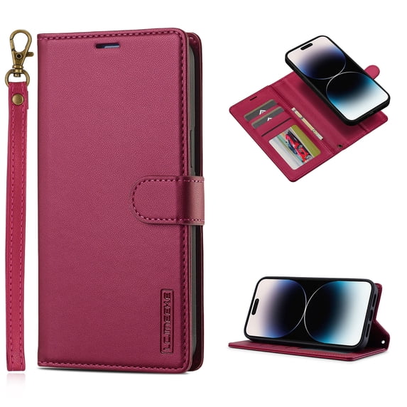 Detachable Wallet Case for Samsung Galaxy S24 FE, Card Slots Holder Premium PU Leather Magnetic Kickstand Shockproof Wrist Strap Removable Flip Protective Cover for Samsung Galaxy S24 FE, Red