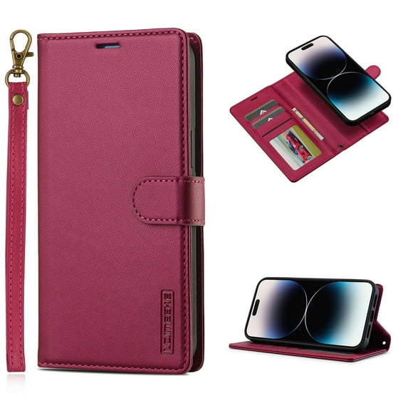 Detachable Wallet Case for Samsung Galaxy S25, Card Slots Holder Premium PU Leather Magnetic Kickstand Shockproof Wrist Strap Removable Flip Protective Cover for Samsung Galaxy S25, Red