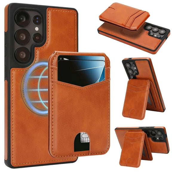 Detachable Wallet Case for Samsung Galaxy S25 Ultra, TECH CIRCLE RFID Blocking Mag-Safe Compatible Magnetic Kickstand PU Leather Lightweight Back Cover Protective Case, Orange