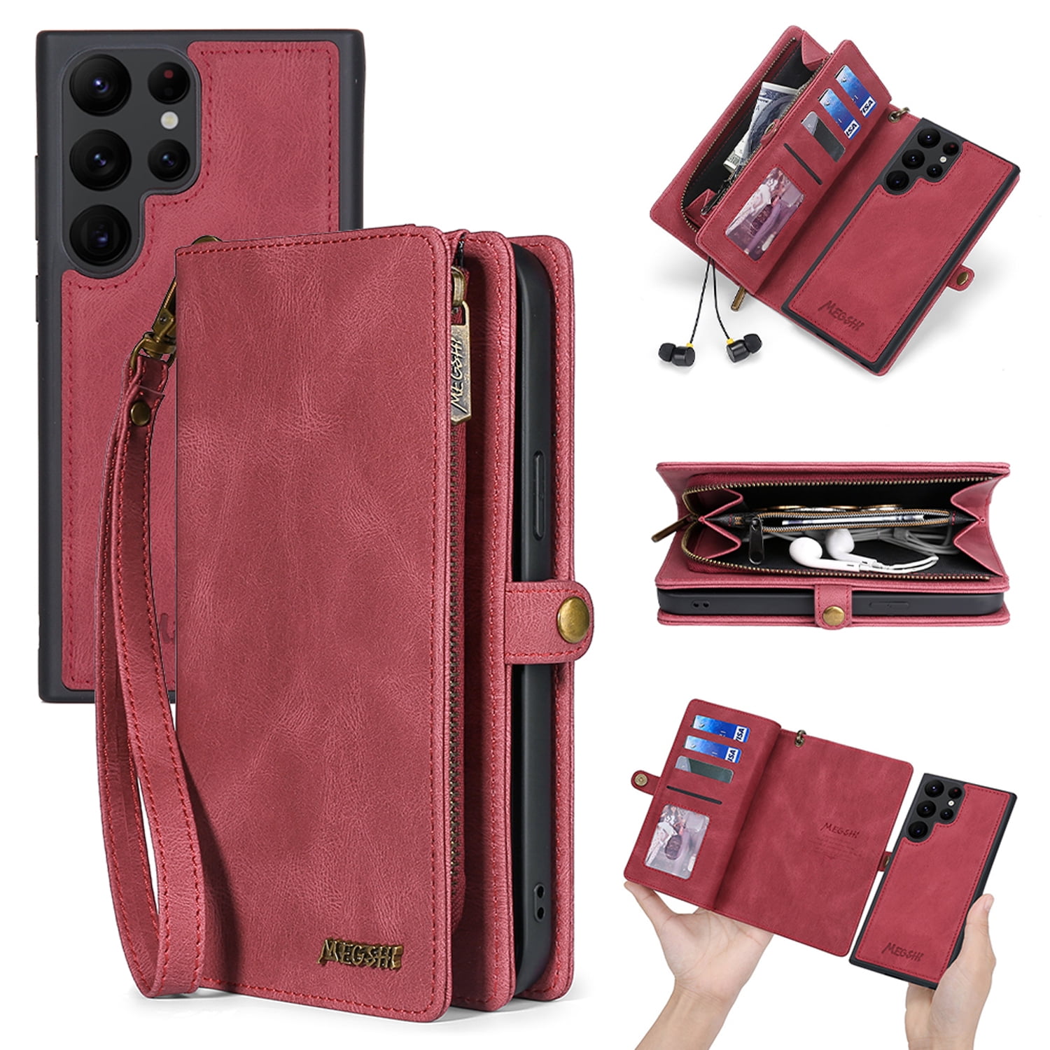 Detachable Wallet Case for Samsung Galaxy S26 Ultra, 2-in-1 Zipper Wallet with Credit Card Holder, PU Leather Wrist Strap Flip Kickstand Shockproof Removable Magnetic Purse Phone Cover, Red