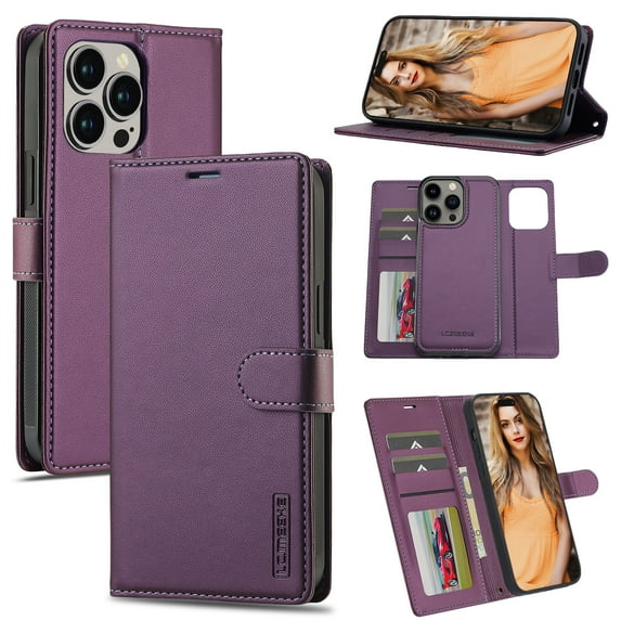 Detachable Wallet Case for iPhone 12/12 Pro, Card Slots Holder Premium PU Leather Magnetic Kickstand Shockproof Wrist Strap Removable Flip Protective Cover for iPhone 12/12 Pro, Purple